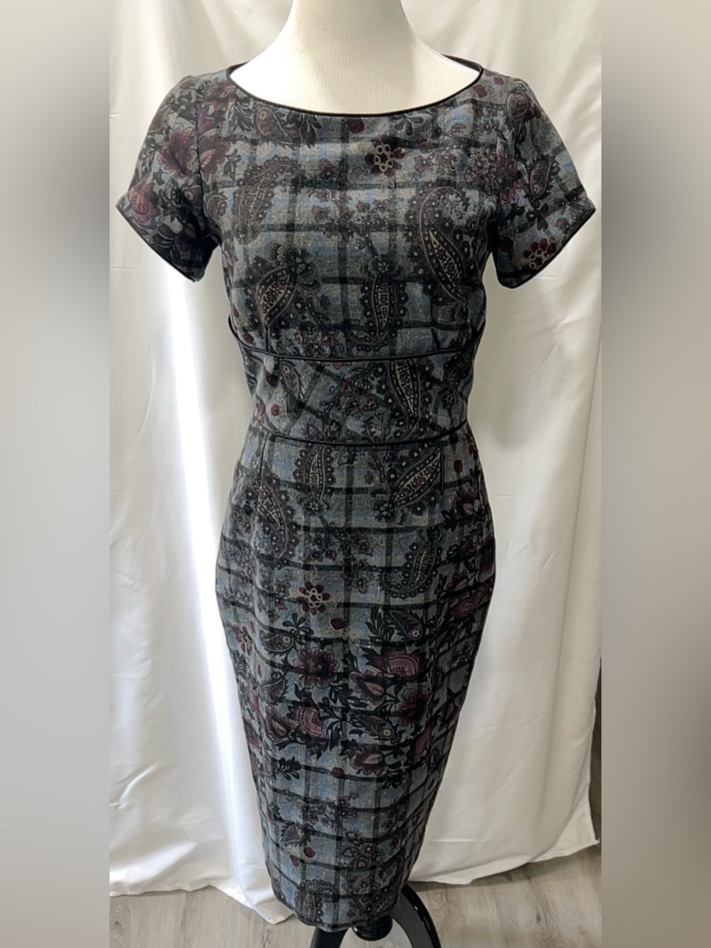 Catherine Jane San Francisco Wool Plaid Paisley Floral Pencil Midi Dress Size 1